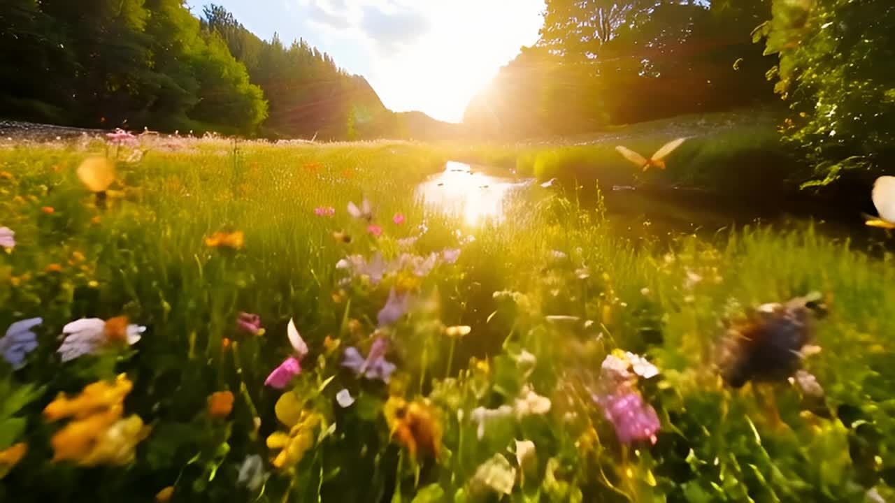 阳光穿过树木，照射在遍布鲜花的草地上，一条小溪蜿蜒