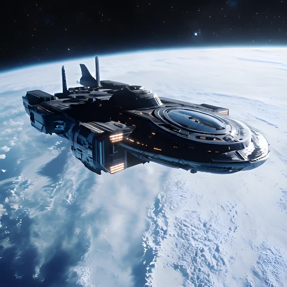 一艘巨大的宇宙飞船在行星轨道上高速飞行。宇宙飞船呈