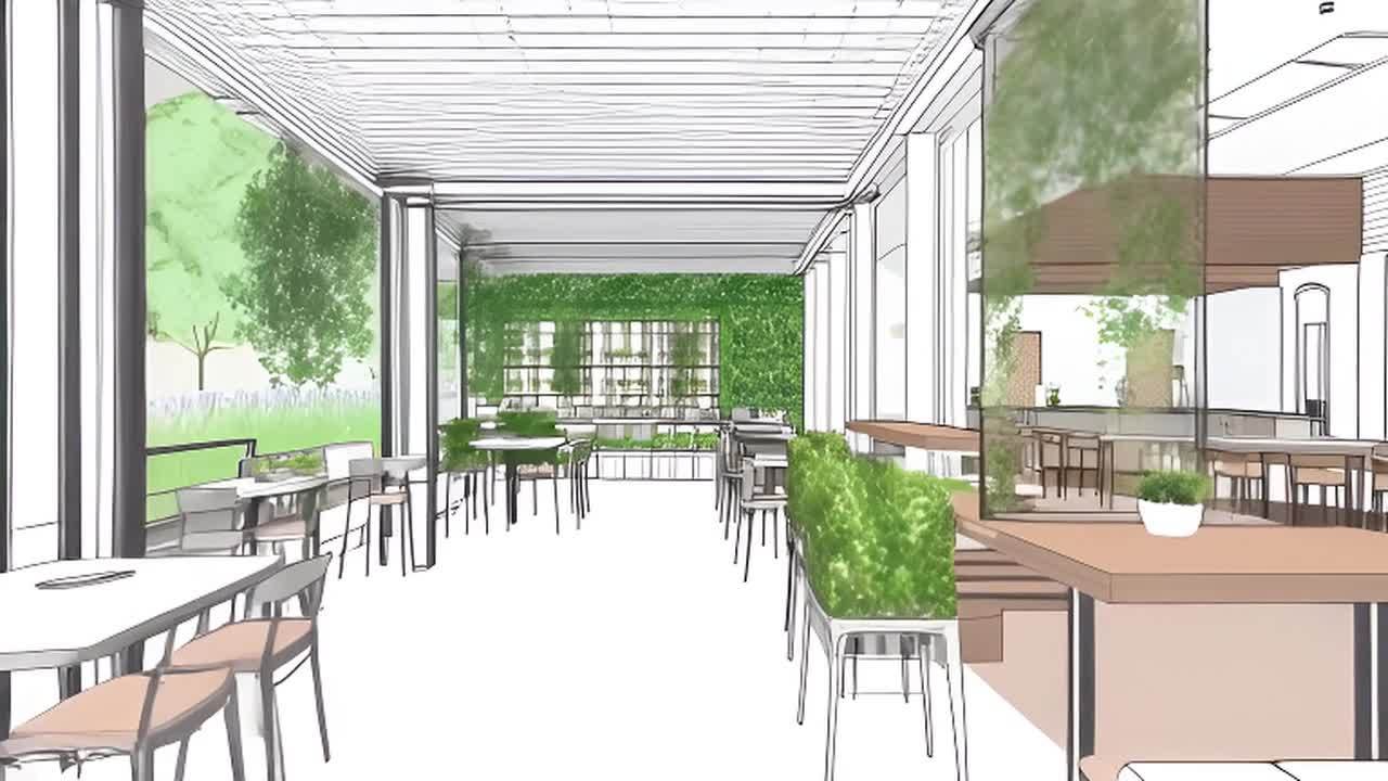 一个咖啡馆的内部透视图，显示了许多桌椅，部分空间为
