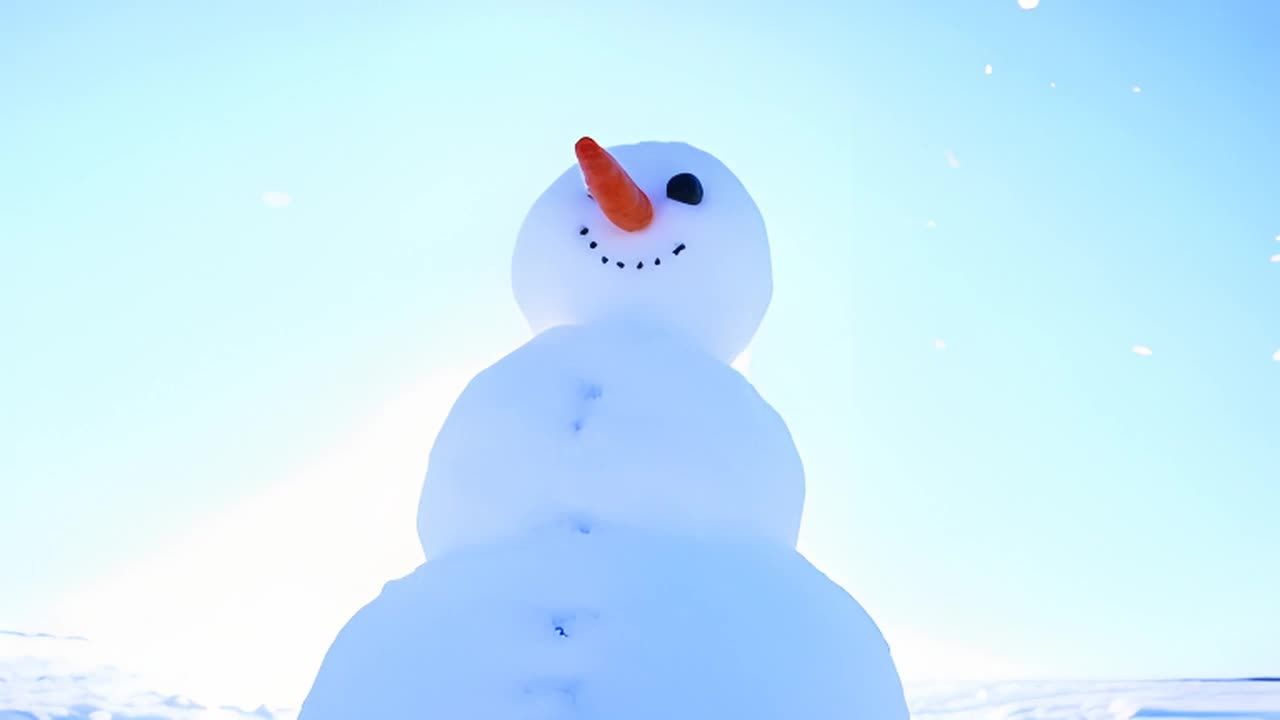 一个雪人在白雪皑皑的田野中高耸矗立，其胡萝卜鼻子和