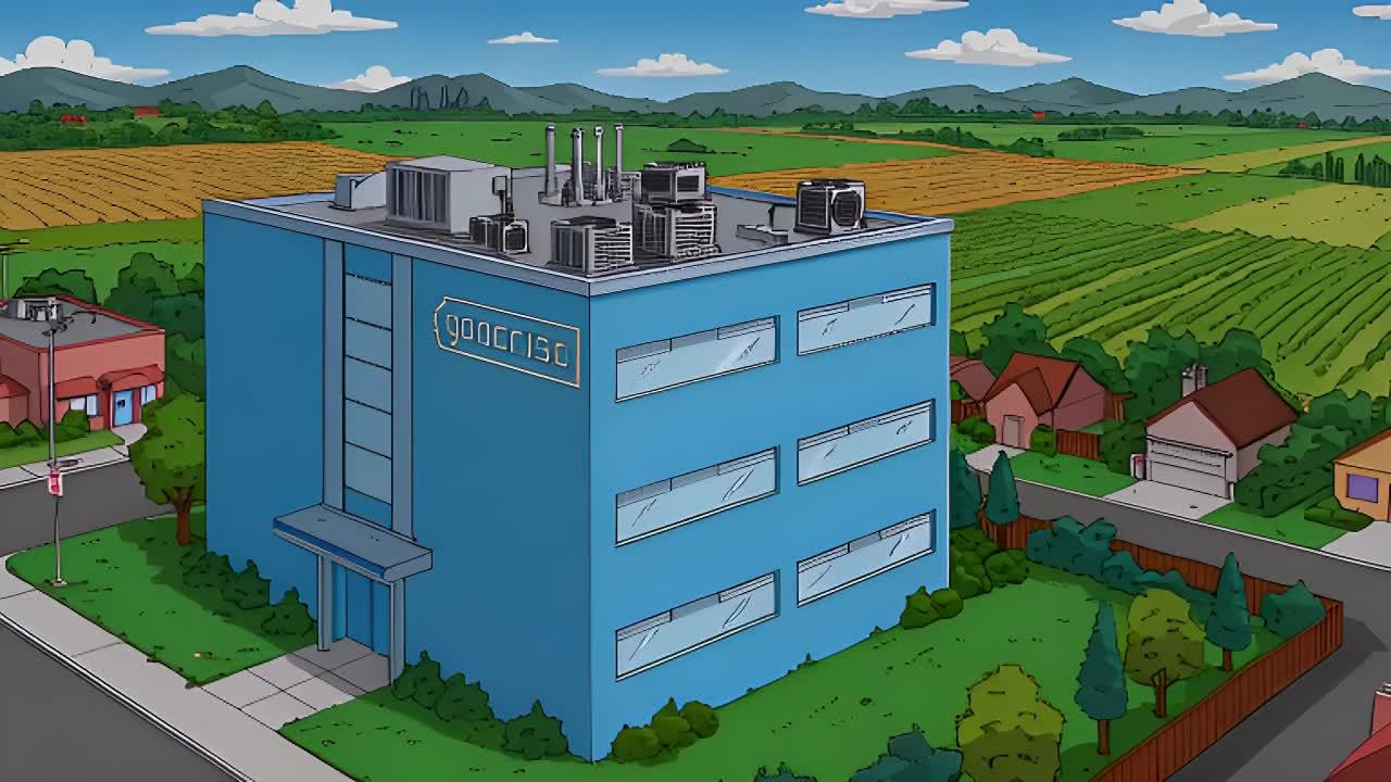 一栋蓝色的建筑物矗立在画面中央,建筑物顶部有多个空