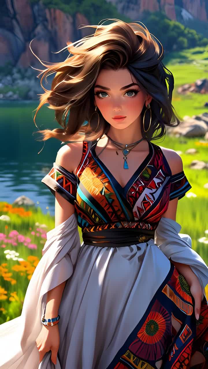 一个女子站在草地上，她穿着一件带有彩色图案的连衣裙