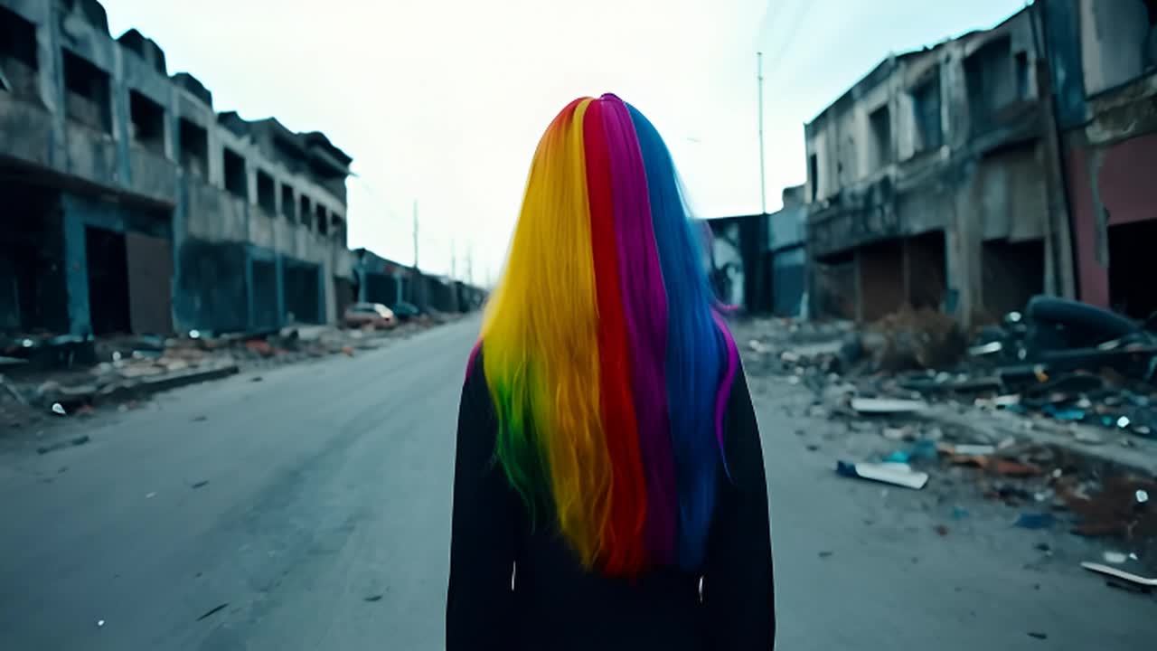 一个有着彩虹色头发的女孩走向一条末日后的街道，街道