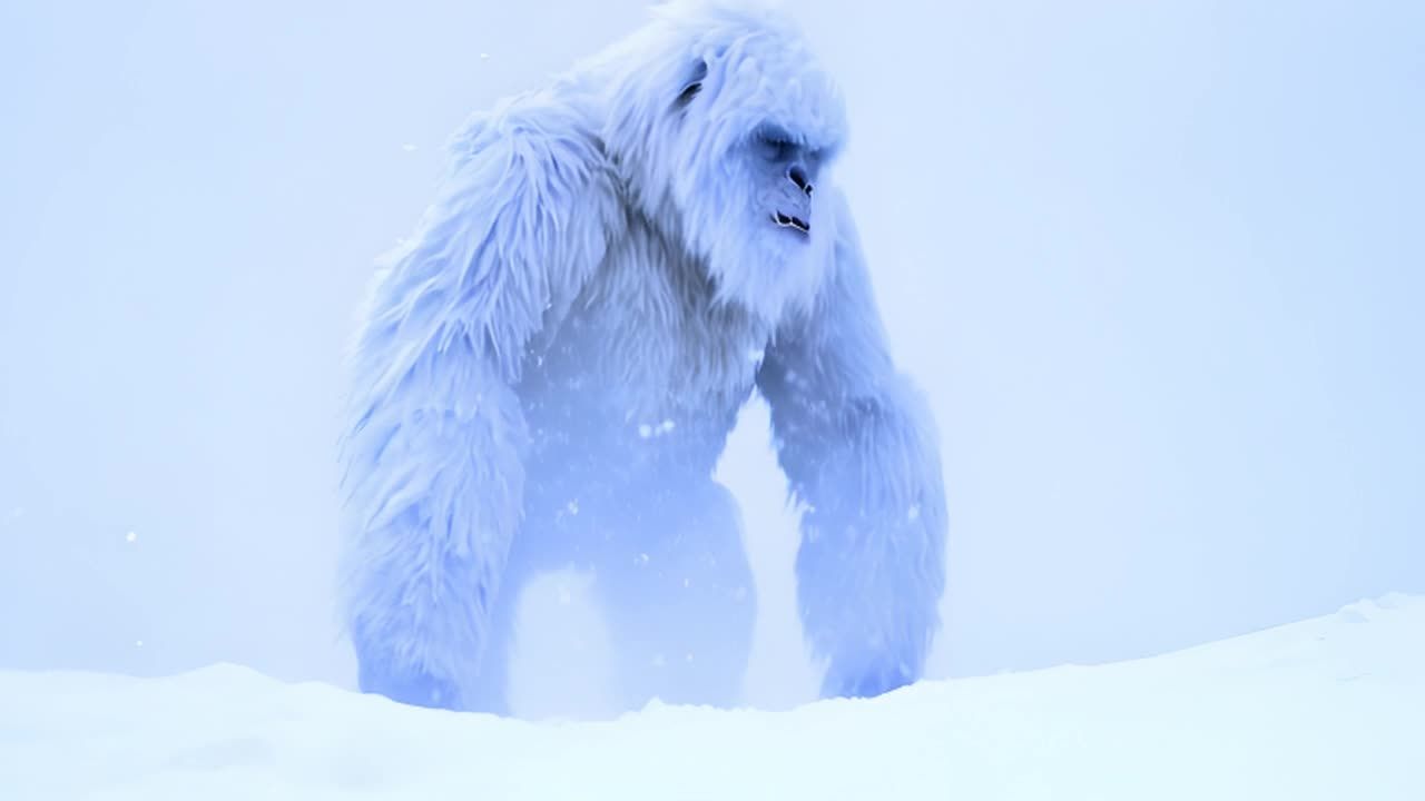 一个高大的雪人，全身覆盖着厚厚的白色毛皮，在雪山景