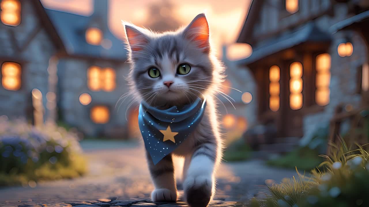 一只戴着带有星星图案围巾的小猫，站立在鹅卵石街道上