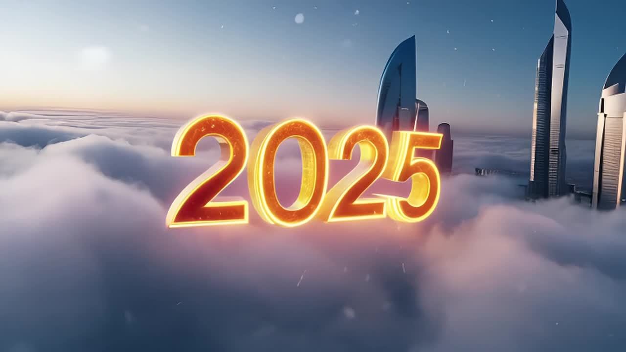 红橙色发光的数字2025”悬浮在阿布扎比的天空中，