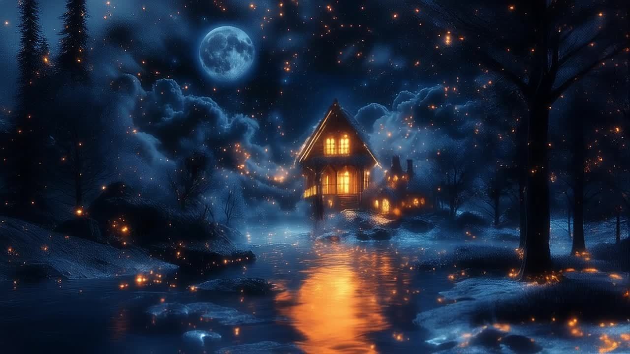 夜晚场景中，一栋木屋亮着灯光，坐落在水面上，水面反