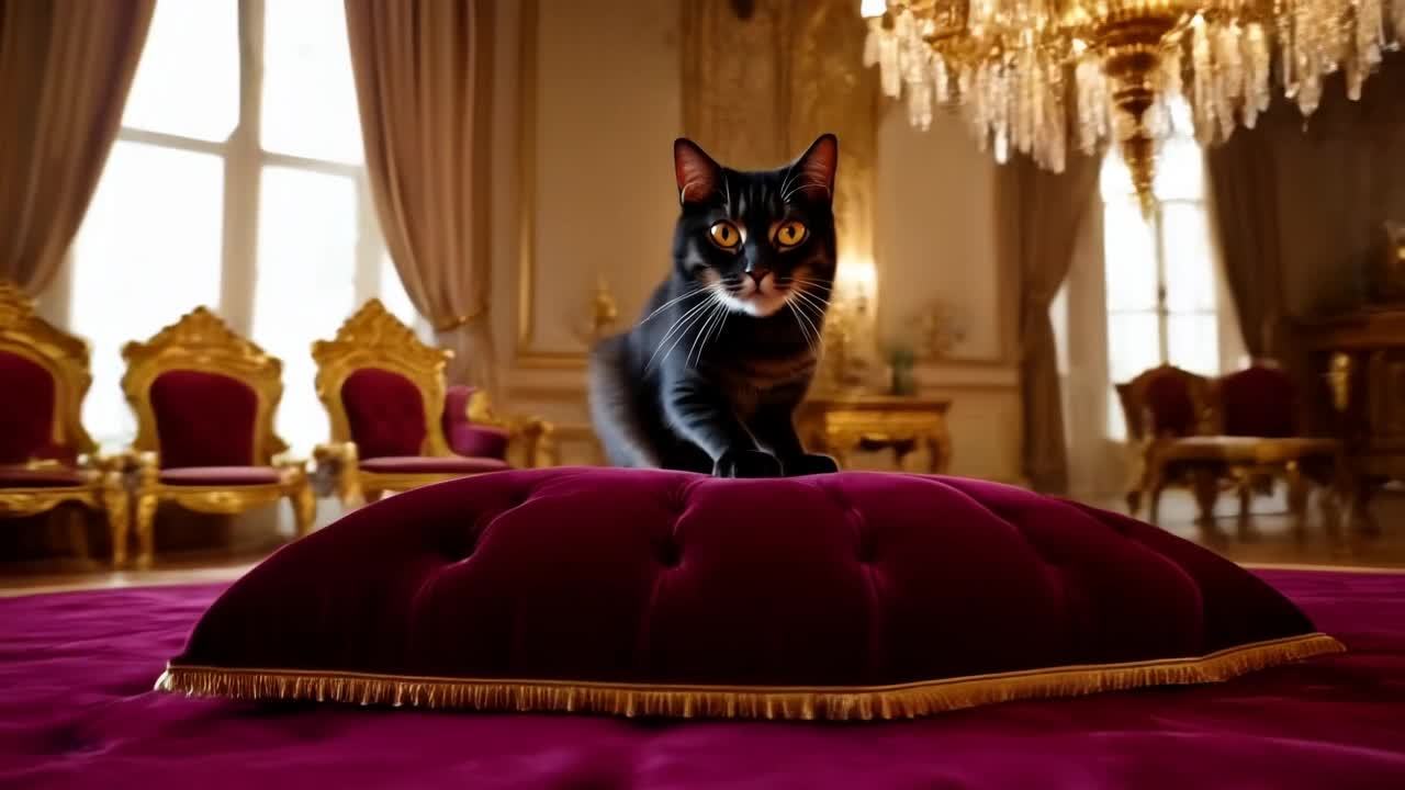 一只黑色的猫站在一个红色的软垫上，猫有着金色的眼睛