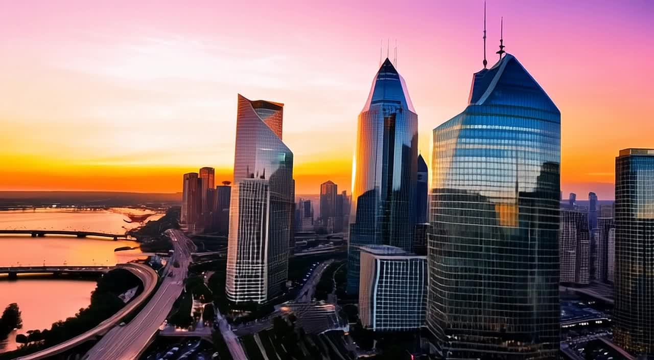 夕阳时分，城市滨水区呈现一派生机勃勃的景象，现代摩