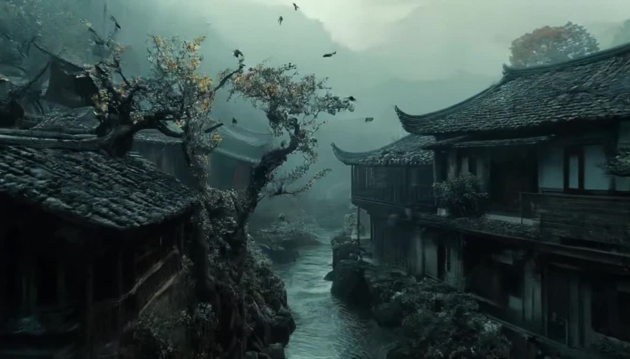 水流穿梭于两岸房屋之间，房屋具有灰色的屋顶和深色的