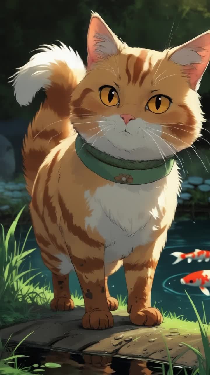 一只橙色的猫坐在水边，注视着几条鱼在水中游动。猫的