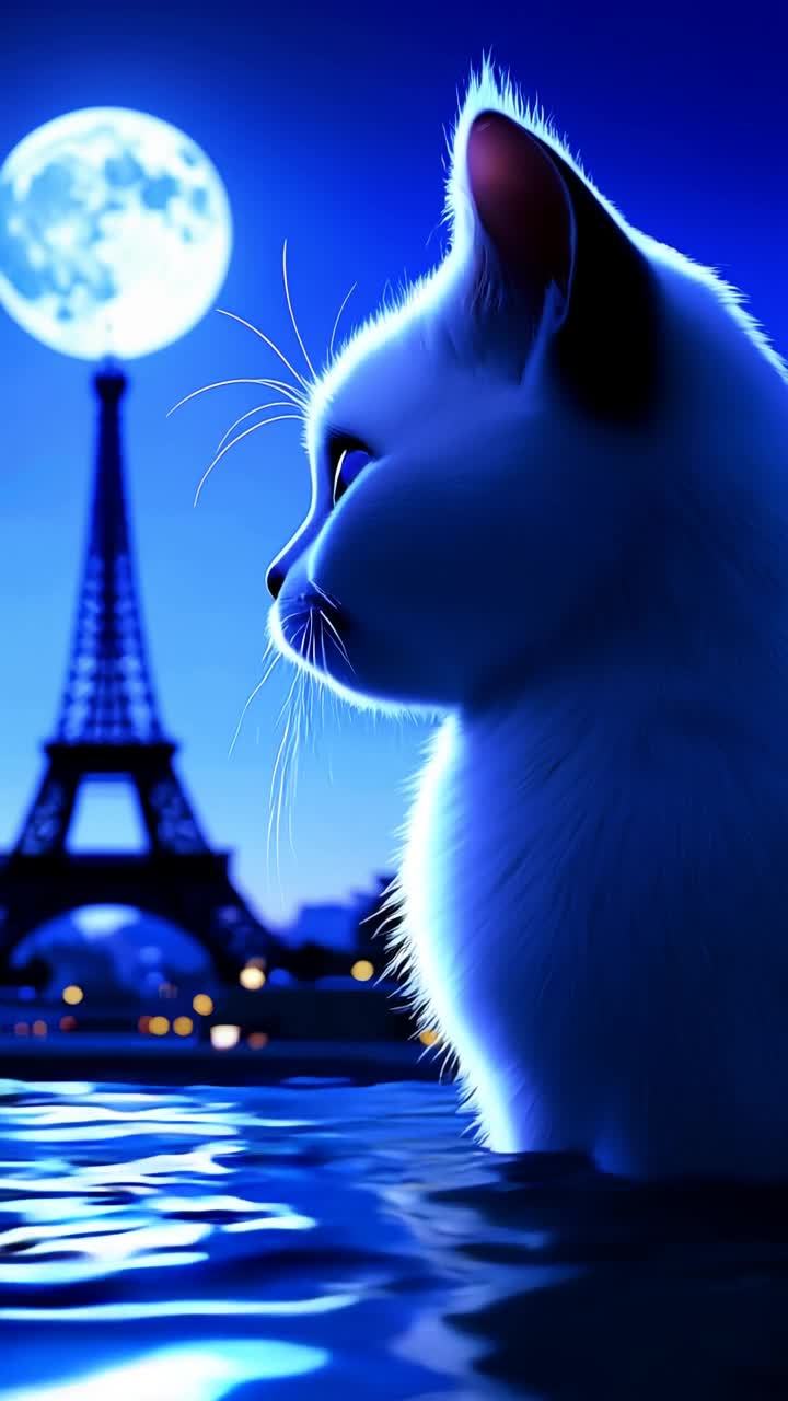 一只白色猫站在深蓝色猫前，它眼睛睁大，带着惊讶和怀