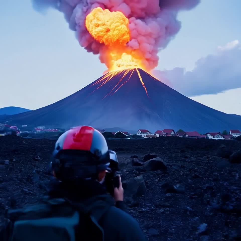 一座巨大的火山正在喷发，火山灰和浓烟形成的烟柱冲向