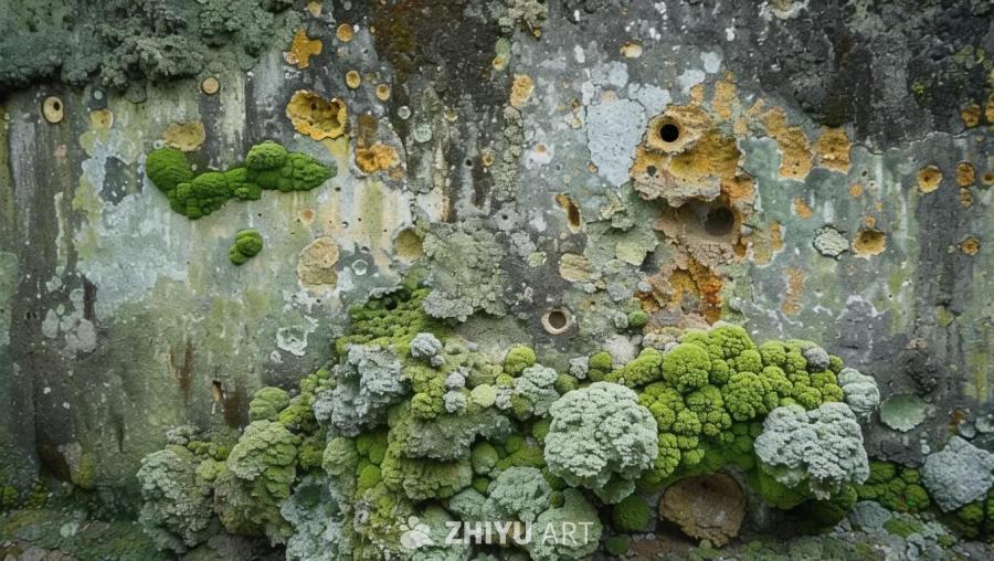 灰色的墙壁上布满了绿色和黄色的霉菌和苔藓，墙壁表面