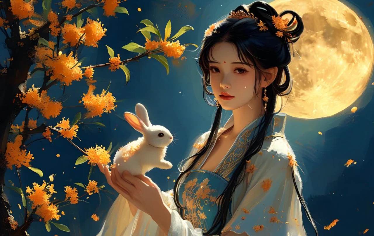 画面中，一位年轻女子手捧一只白色兔子。女子身着带有