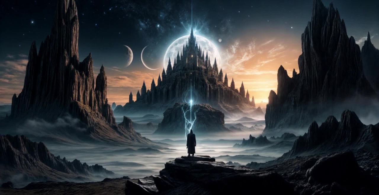 夜幕笼罩下的奇幻世界，星光点缀夜空，天空呈现暮色。