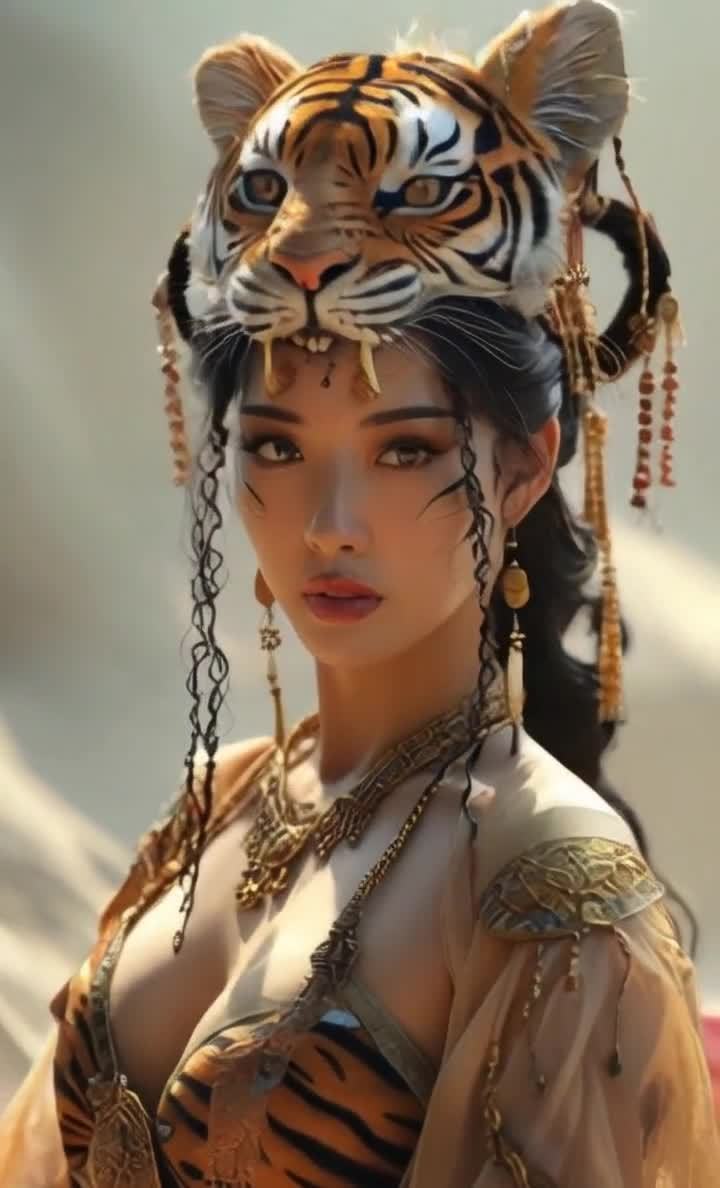 一位女性站在户外，背景是模糊的浅棕色。她佩戴着虎头