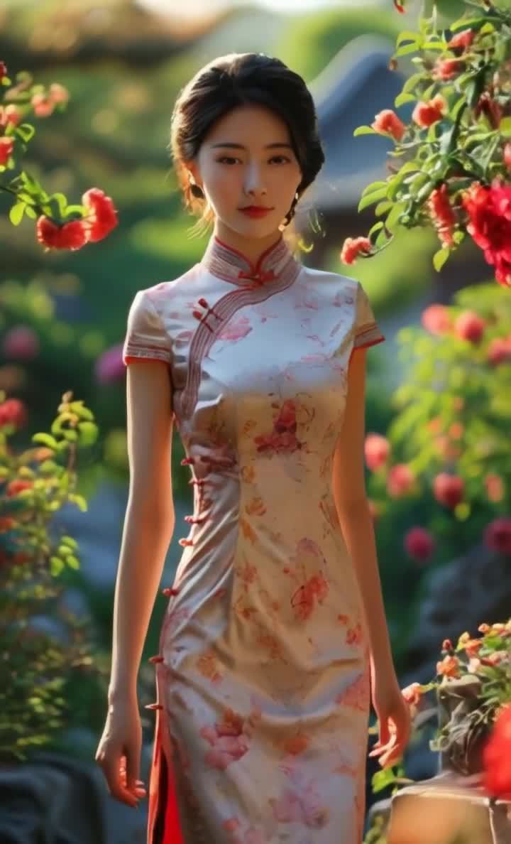 一位穿着旗袍的年轻女子站在一处花园中，她留着黑色长