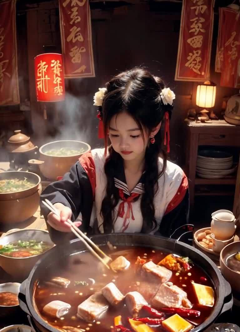 一位年轻女子坐在桌前，桌上摆放着四川火锅，火锅里有