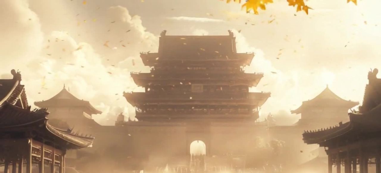 镜头缓缓往前往上移动，展现一座多层中式建筑，建筑整