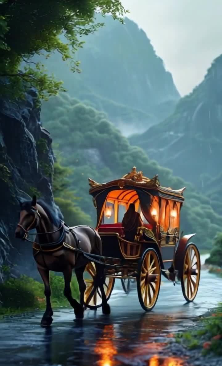 雨中的山间小路上，一匹棕色的马正拉着一辆装饰华丽的