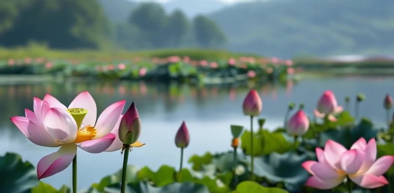 荷花盛开的场景，粉色的荷花在水中摇曳，花瓣边缘略带