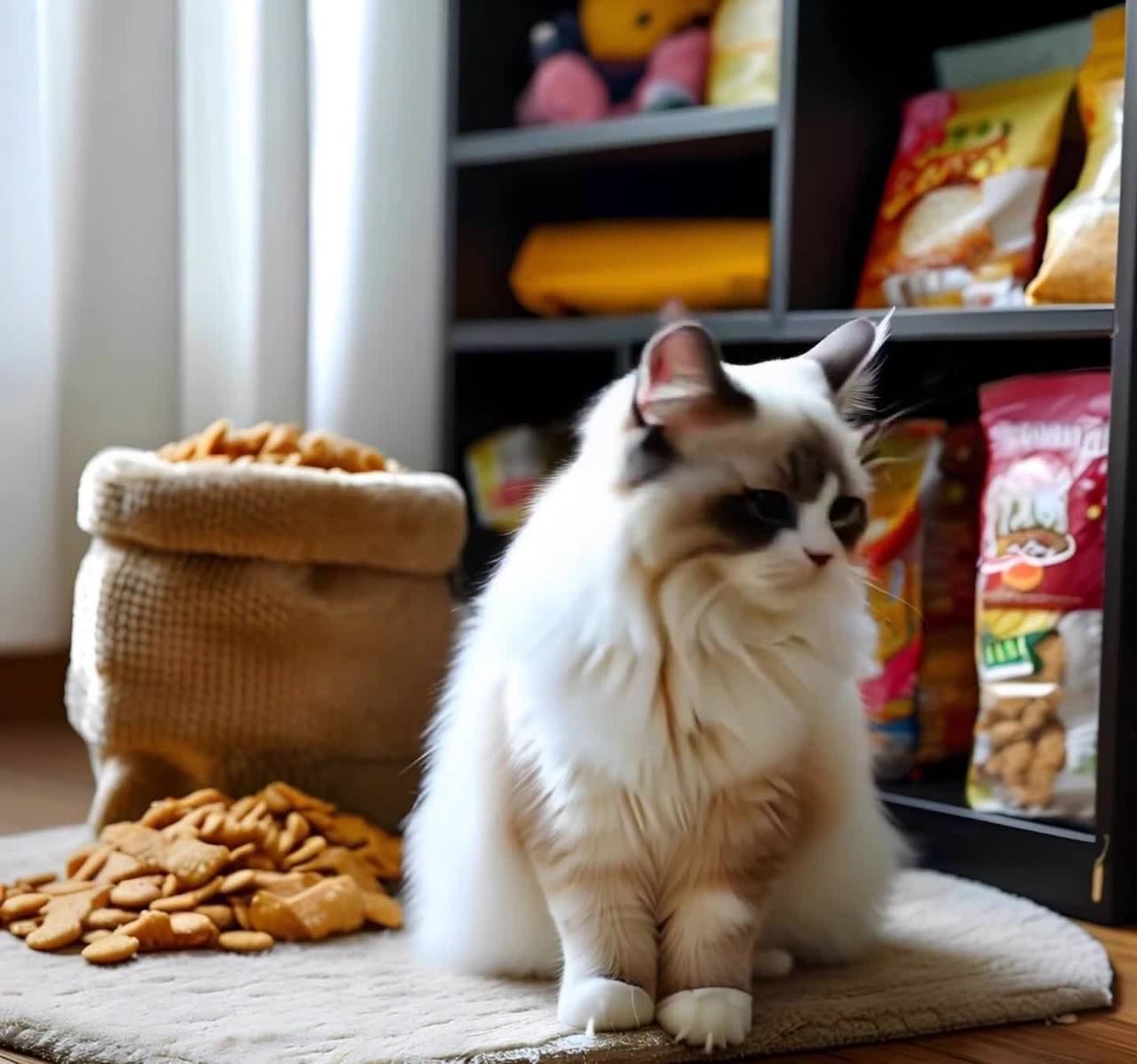 一只白色和棕色的猫坐在米色地毯上。猫的眼睛是蓝色的