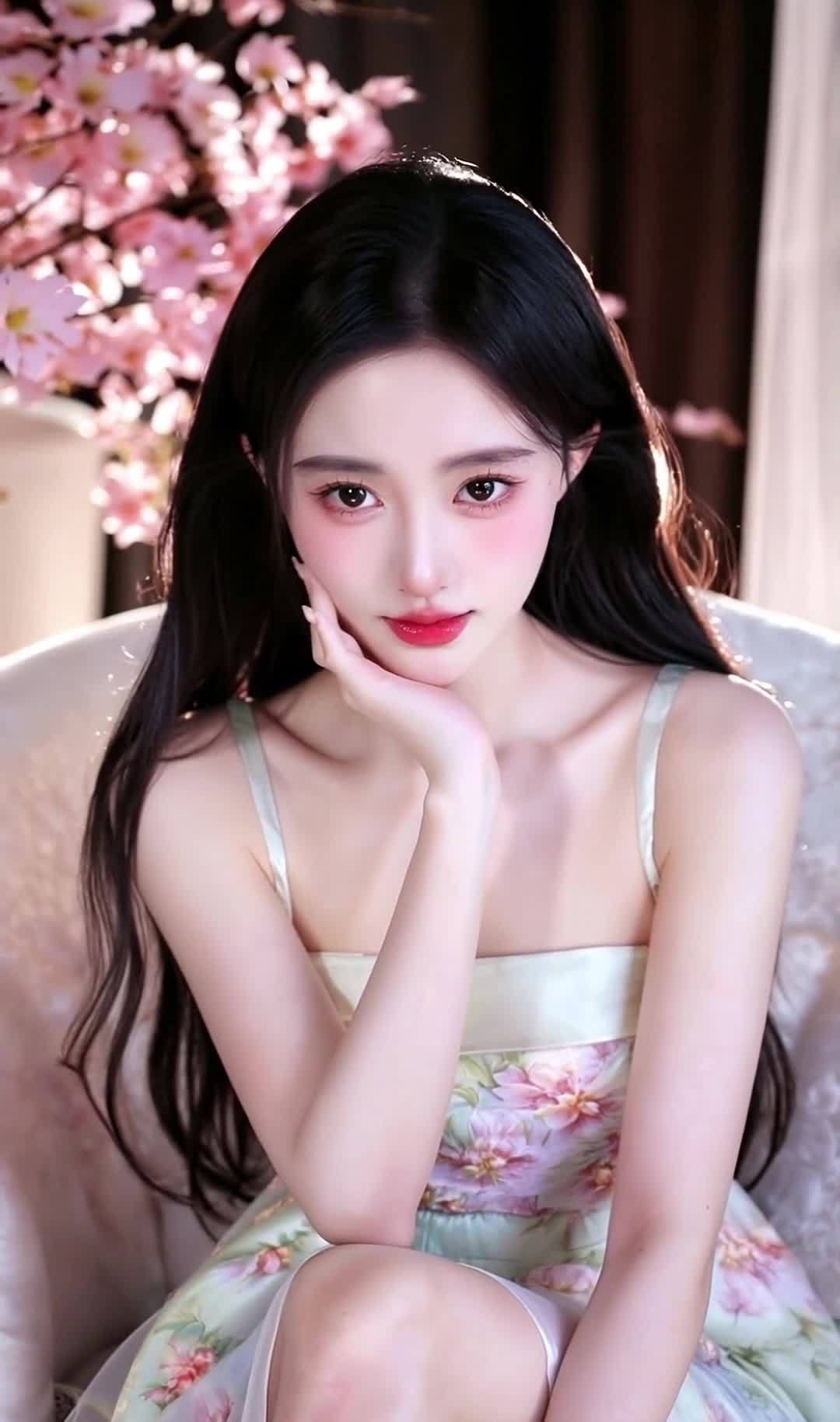 一位长发女子坐在椅子上。她面容姣好，肤色白皙，化着