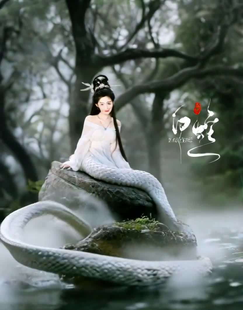 一名女子，头戴发饰，身着白色长袍，长发垂肩，呈端坐