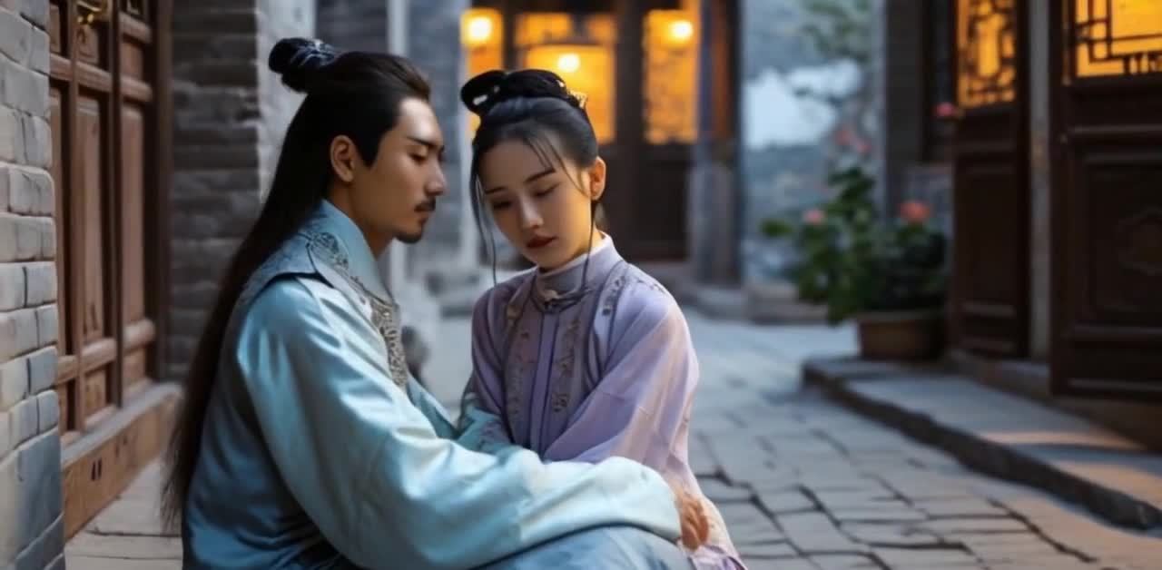 一名留着长发的男子身穿蓝色中式服装，坐在一名身穿紫