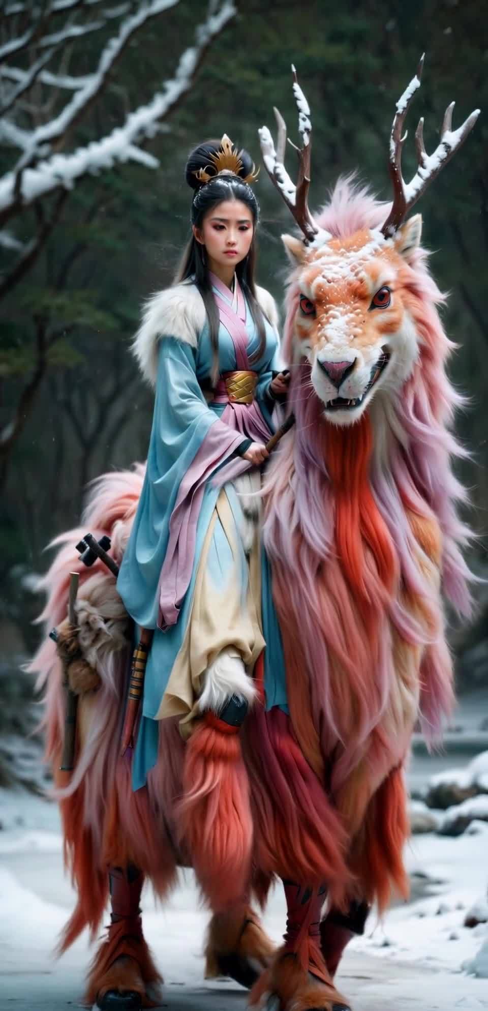 冰天雪地中，一名身着古代中国服饰的女子骑在一只四足