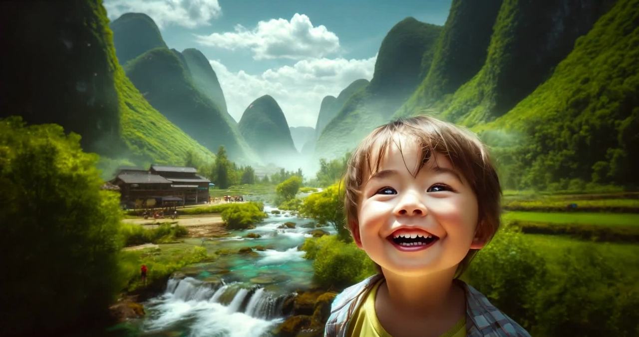 一个面带笑容的孩子出现在画面前景，背景是连绵起伏的