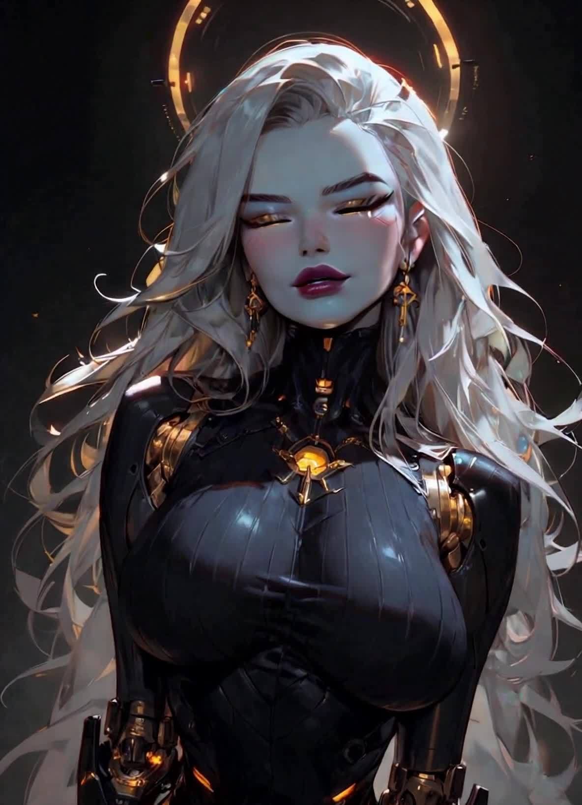 一名有着苍白皮肤，银色长发，金色眼眸和深色口红的女