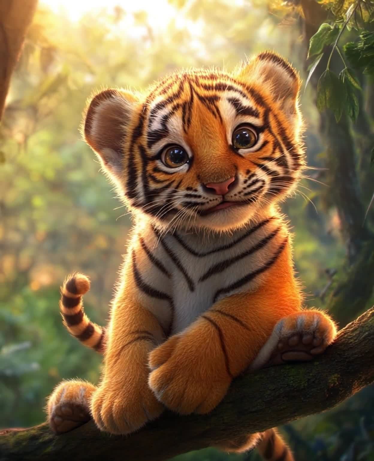 一只幼虎坐在树枝上。幼虎的毛发是橙色和黑色条纹相间