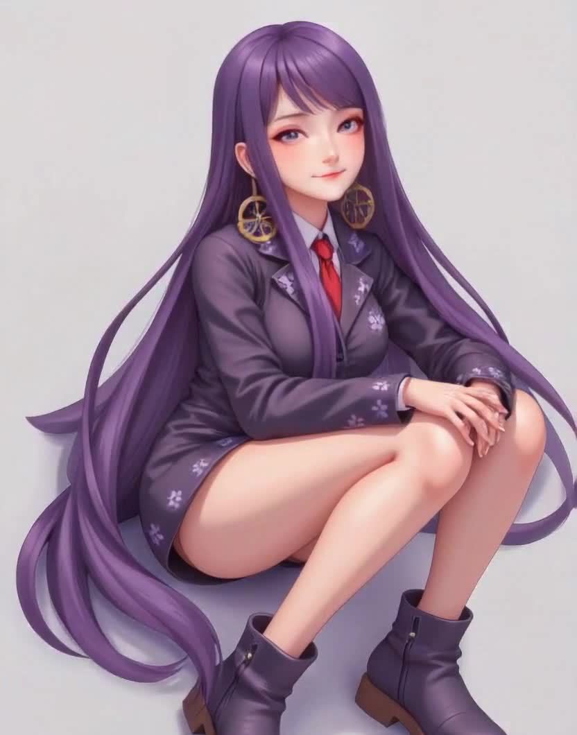 一个年轻女子，拥有紫色的长发，她戴着柠檬形状的金色