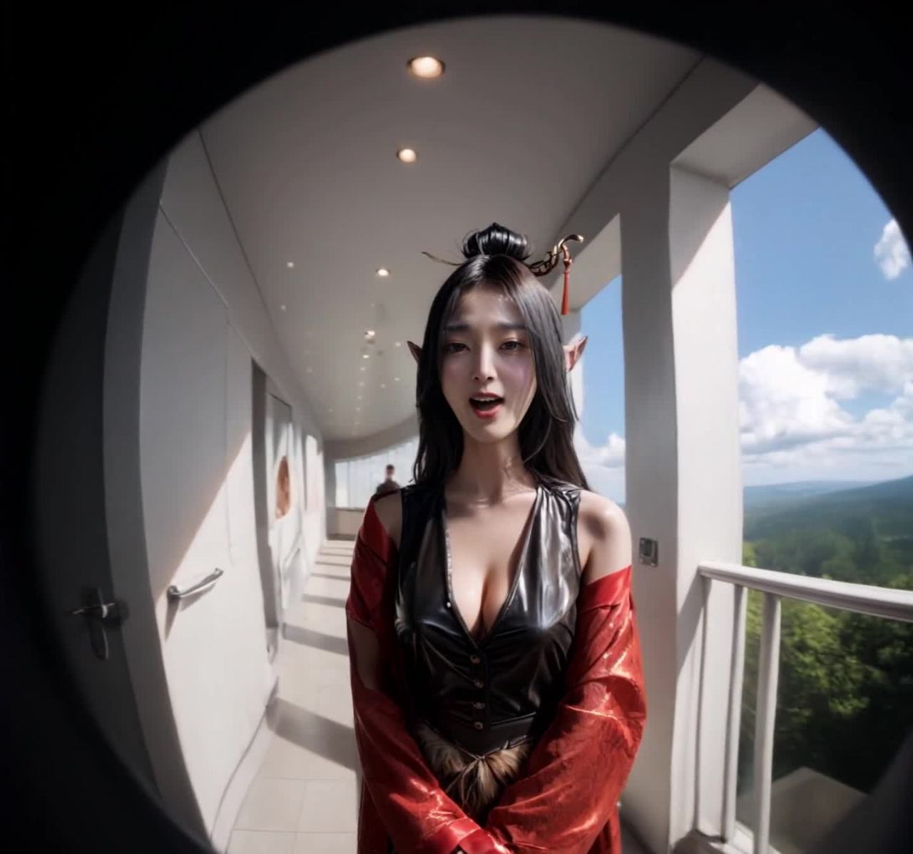 一个长着尖耳朵的女性站在走廊里，她的头发梳成发髻，