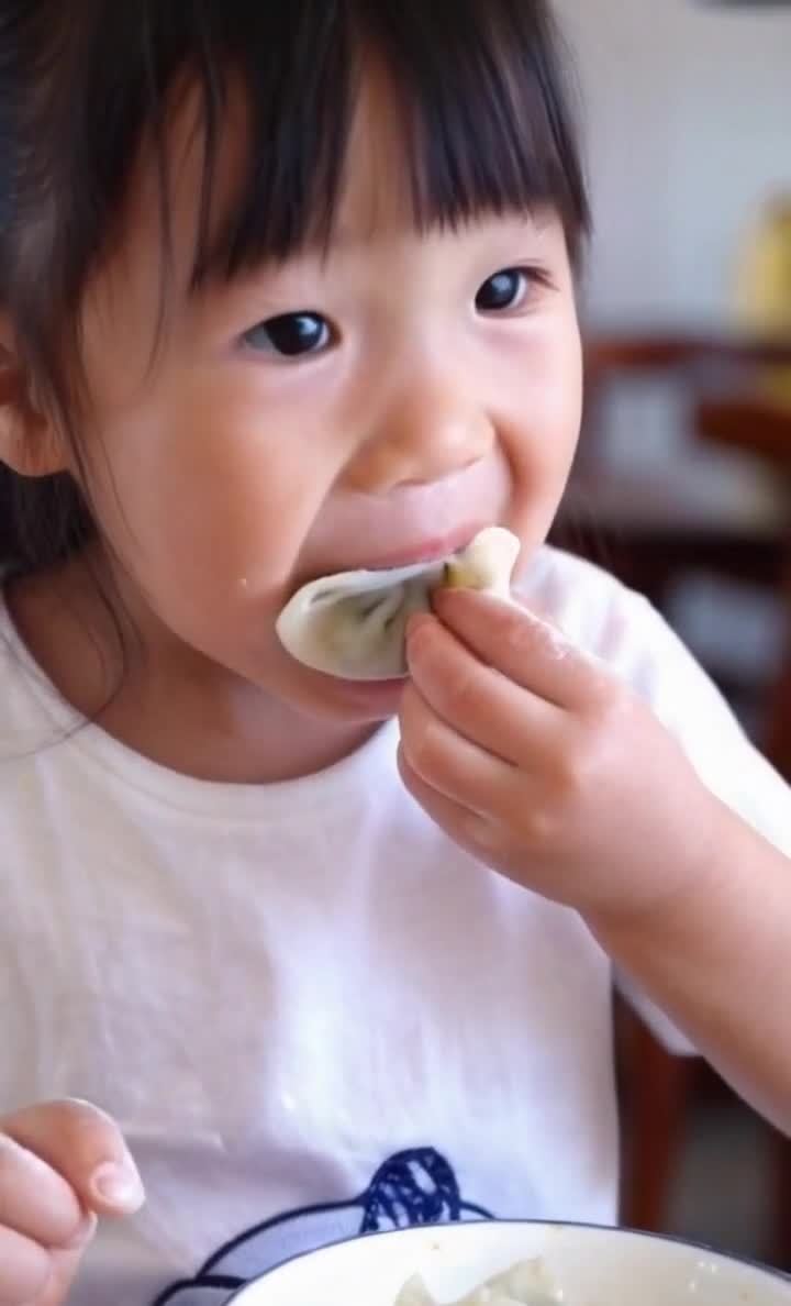 一个室内场景，特写镜头拍摄了一个正在吃饺子的中国小