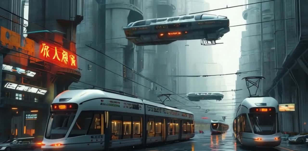 地面轨道车在湿润的柏油路上行驶，车窗内有灯光。天空