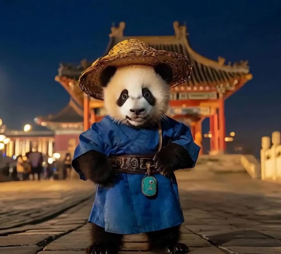 一只熊猫幼崽站在铺满石板的地面上，身穿蓝色汉服，腰