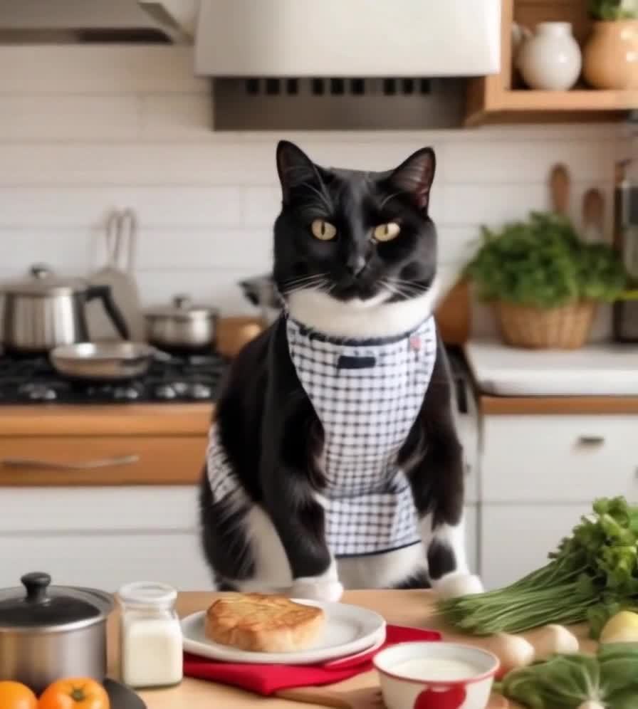 一只黑白相间的猫戴着围裙站在厨房料理台上。料理台上