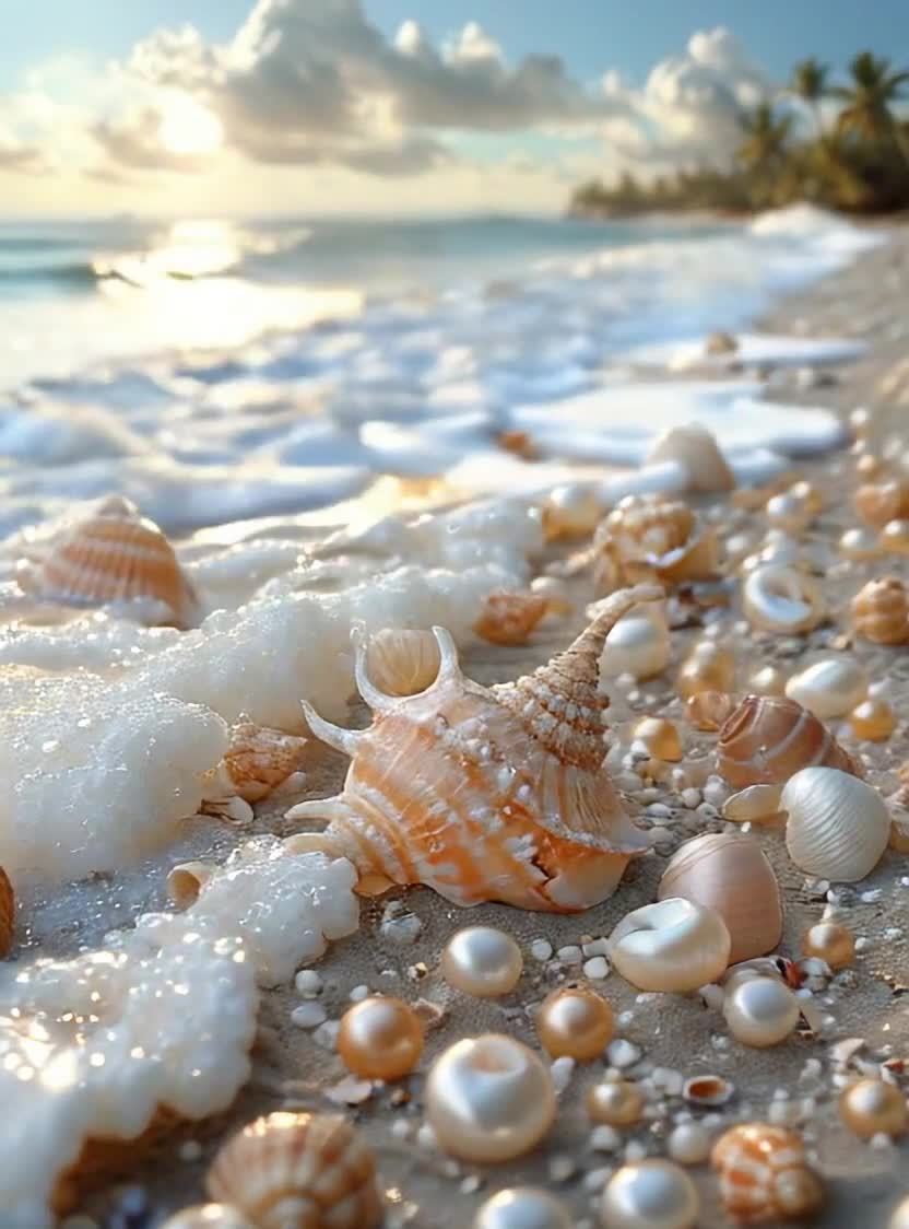 海滩贝壳珍珠，阳光波光粼粼，椰树海岸线。
