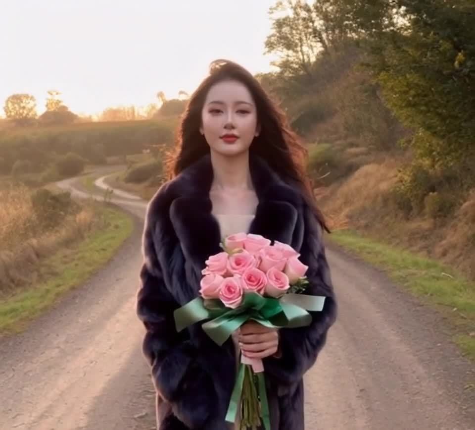 长发美女手捧玫瑰，田野道路上的暖阳时刻