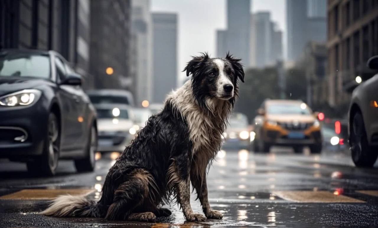 雨天城市道路中湿漉漉的边境牧羊犬