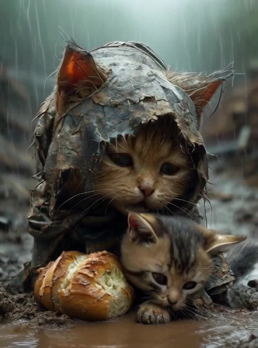 雨中泥泞：母猫与幼猫的馒头温情