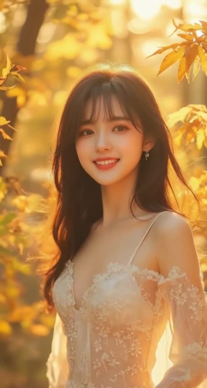 秋日阳光下，微笑的年轻女子穿着蕾丝裙。