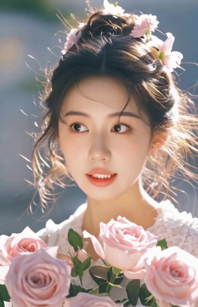 捧粉玫瑰的盘发蕾丝女子