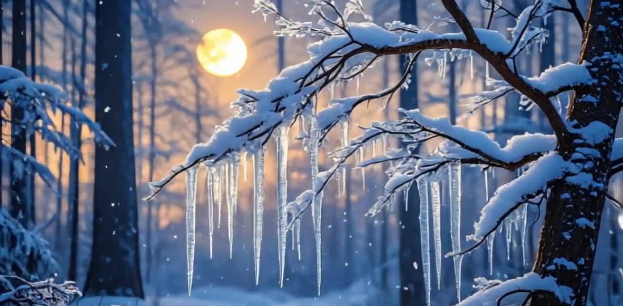 雪树冰锥：冬日雪景，阳光穿透森林冰挂