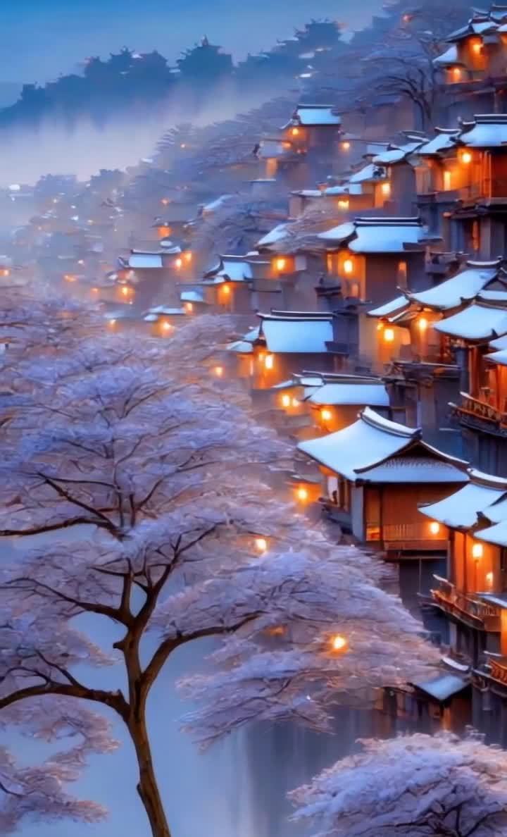 雪夜山坡亮灯房屋与雾气笼罩的樱花树