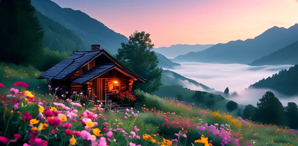 鲜花草地木屋山间云雾的静谧风景