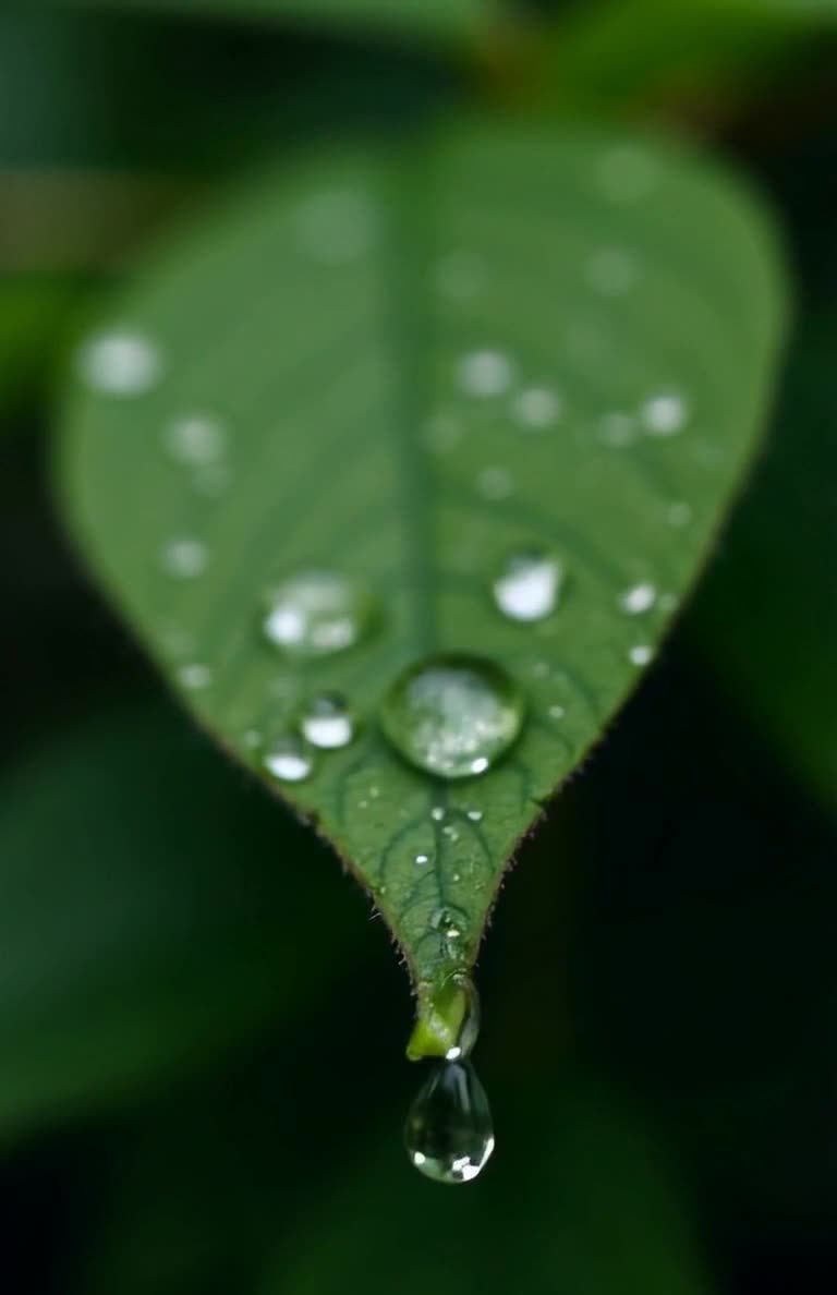 绿叶晶莹水滴欲坠特写